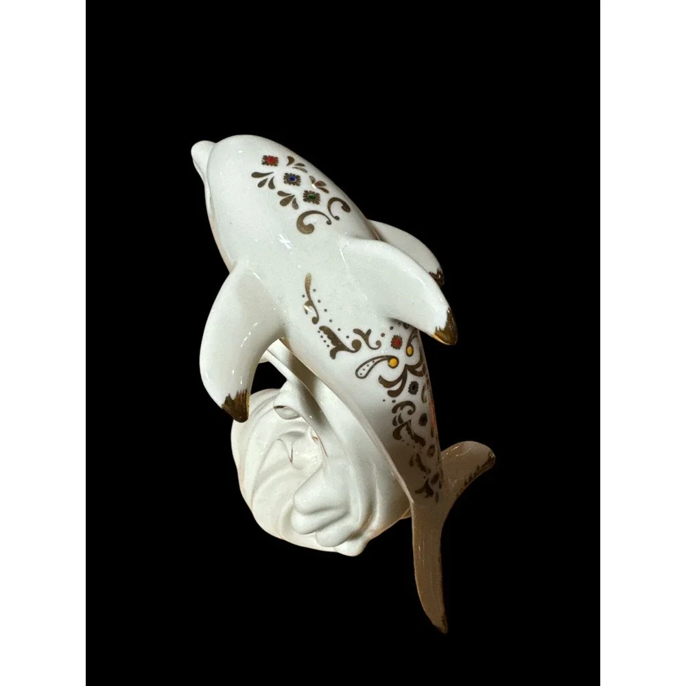 Vintage Creamy White Dolphin Figurine With Colorful Accents Design EUC
